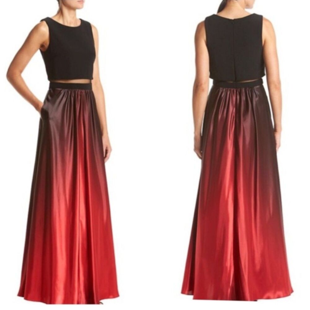 Betsy & Adam Red Ombré Maxi Evening Dress Size 8 Prom Gown Draped Event Y2K